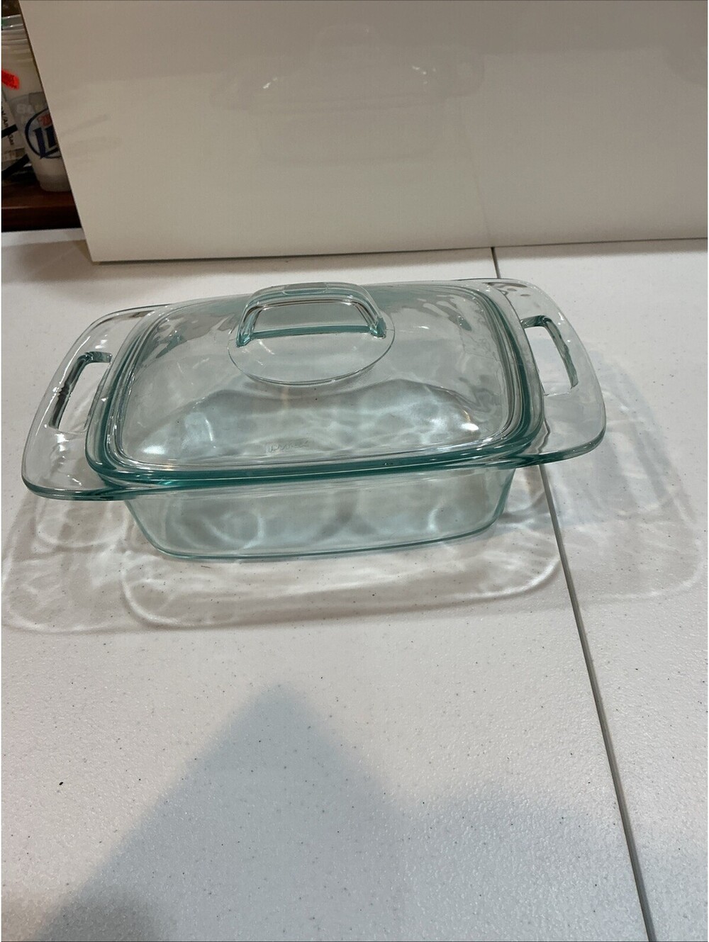 PYREX Glass Casserole Easy Grab 2 Qt Rectangular Dish Lid Blue Tint Vintage